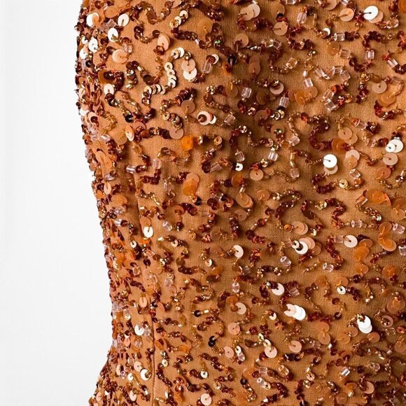 Vintage Orange Strapless Silk Sequin Maxi Bodycon Formal Prom Dress Size M - Picture 6 of 6